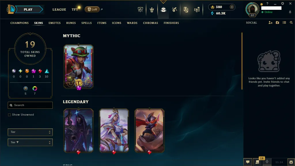 🌎NA 🔥S15 ☢️Platinum 4 🏆75 Champion 🔥19 Skins ❄️ 60k+ BE🔥Honor 5 ✅380 RP🚀instant delivery